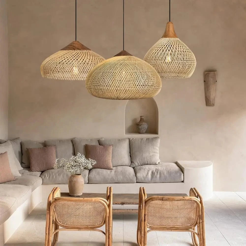 Verthara Beige Rattan Pendant Light – Retro Hanging Light for Kitchen and Dining Room, Adjustable Height, E27 Bulb Compatible
