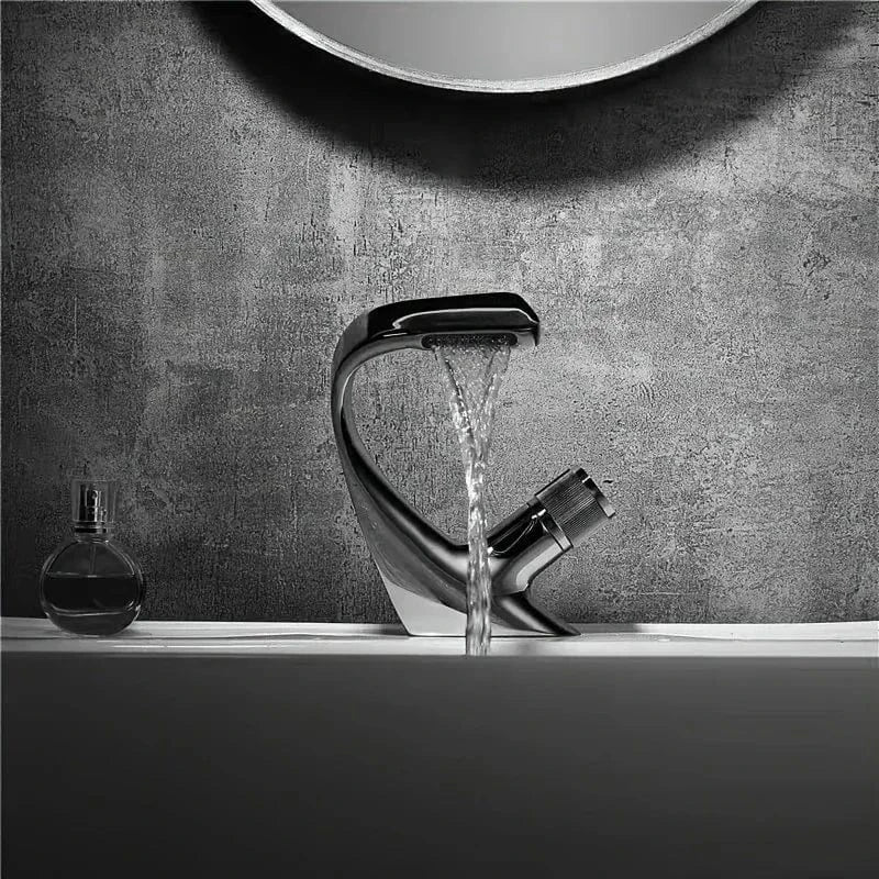 Verthara Black Copper Waterfall Bathroom Faucet – Hot and Cold Single Hole Basin Tap for Undercounter Sinks