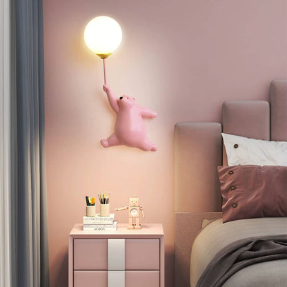 Verthara Cartoon Bear LED Wall Lamp with 3D Moon Decor – Kids Bedroom Wall Light Sconce, Safe and Energy-Efficient Night Light Pink A