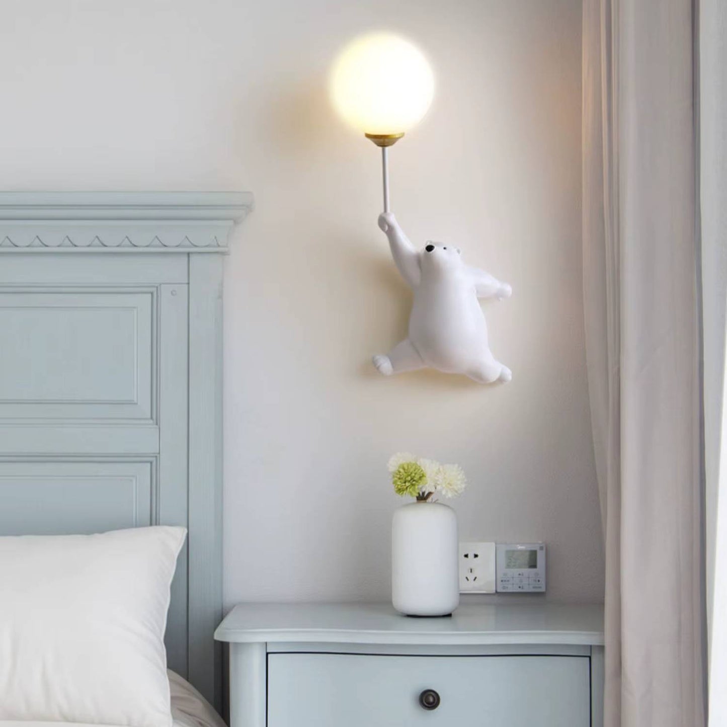 Verthara Cartoon Bear LED Wall Lamp with 3D Moon Decor – Kids Bedroom Wall Light Sconce, Safe and Energy-Efficient Night Light White A