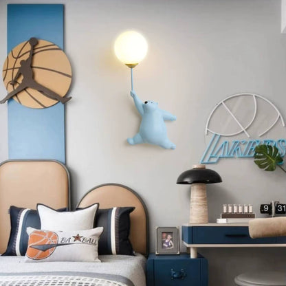 Verthara Cartoon Bear LED Wall Lamp with 3D Moon Decor – Kids Bedroom Wall Light Sconce, Safe and Energy-Efficient Night Light Blue A