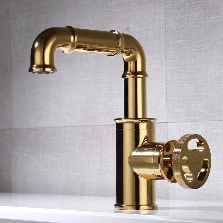 Verthara Contemporary Black Brass Bathroom Faucet with Single Handle Design for Hot and Cold Water Mixing – Stylish Basin Tap 20A02-Gold