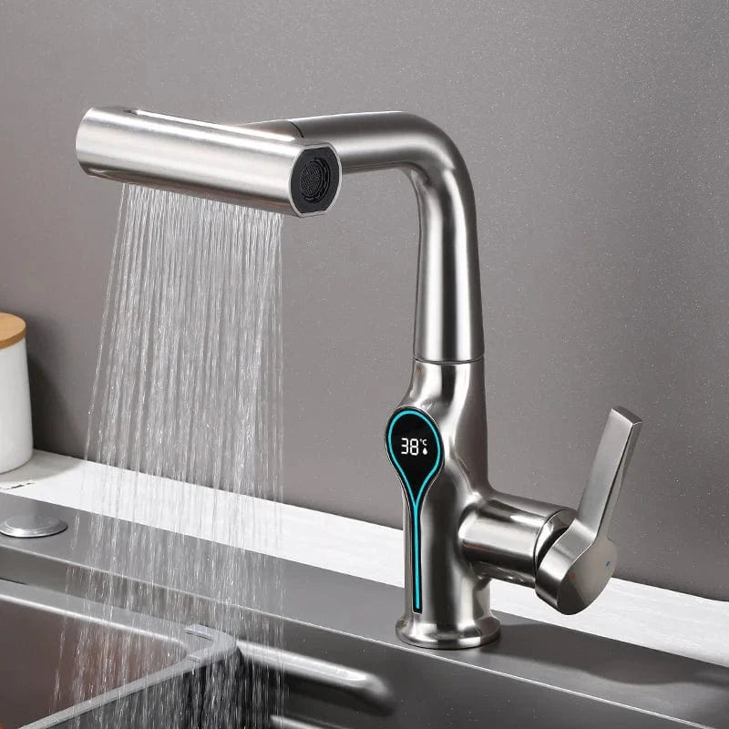 Verthara Digital Basin Faucet with Waterfall Stream and Temperature Display for Bathroom Sink Brushed Nickel