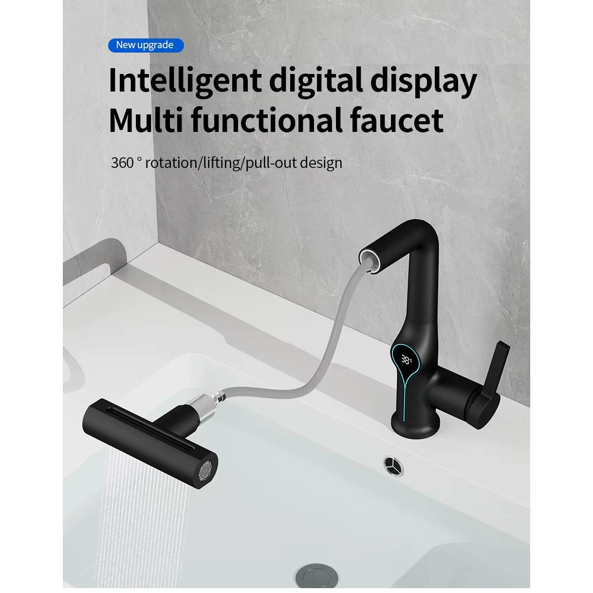 Verthara Digital Basin Faucet with Waterfall Stream and Temperature Display for Bathroom Sink