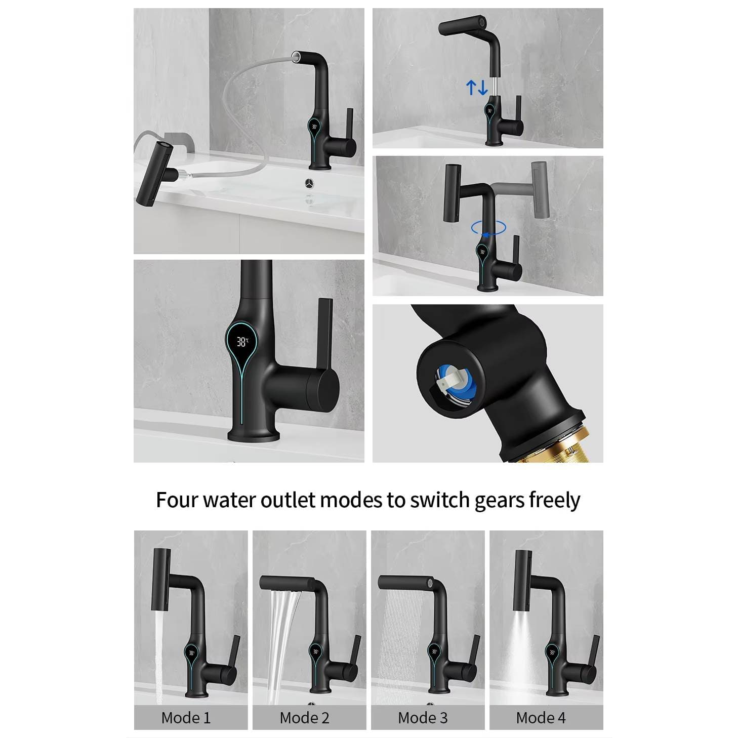 Verthara Digital Basin Faucet with Waterfall Stream and Temperature Display for Bathroom Sink