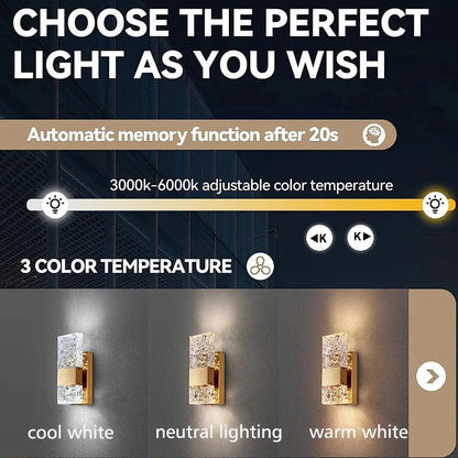 Verthara Dimmable LED Crystal Wall Light with Remote Control, Adjustable 3000K-6000K for Bathroom, Living Room, and Bedroom Sconces