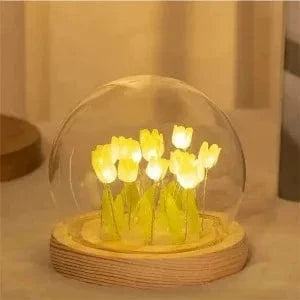 Verthara DIY Tulip LED Night Light – Battery Operated - Colourful - Wooden Base - Indoor Decor - Charming Gift Idea Yellow