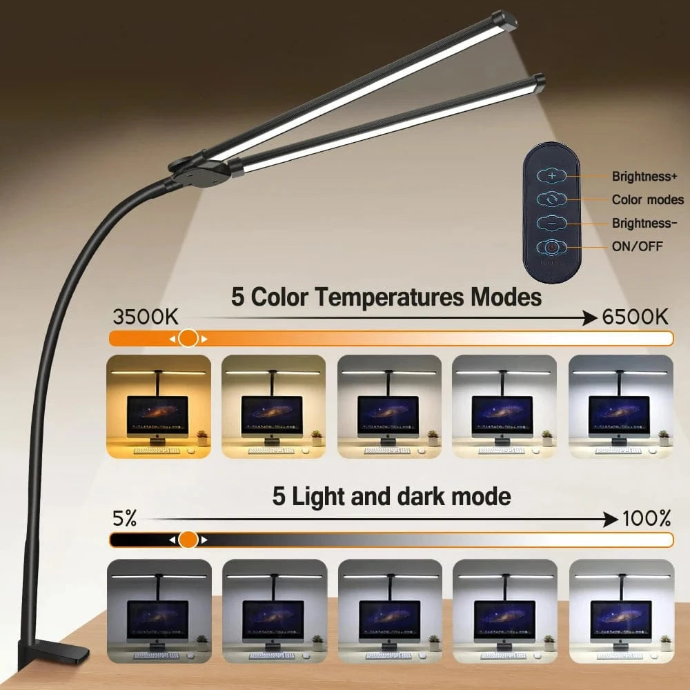Verthara Double Head LED Clip Desk Lamp with 3 Color Modes and 10 Dimmable Settings for Home Office Lighting 2 HEAD Dimmable