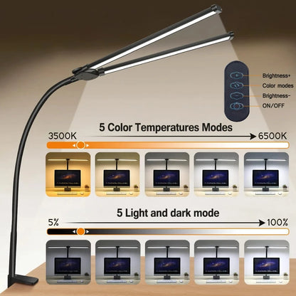 Verthara Double Head LED Clip Desk Lamp with 3 Color Modes and 10 Dimmable Settings for Home Office Lighting 2 HEAD Dimmable