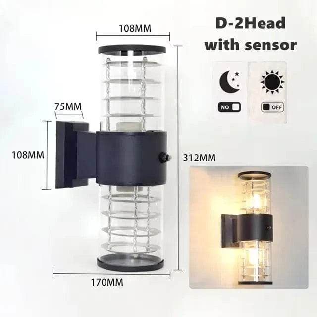 Verthara E27 LED Outdoor Wall Lamp, Waterproof Glass and Aluminum Up Down Glow Sconce for Garden, Balcony, Modern Exterior Wall Lights D-2 heads with sensor / Cold White