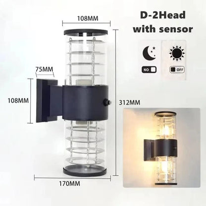 Verthara E27 LED Outdoor Wall Lamp, Waterproof Glass and Aluminum Up Down Glow Sconce for Garden, Balcony, Modern Exterior Wall Lights D-2 heads with sensor / Cold White