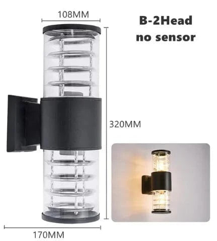Verthara E27 LED Outdoor Wall Lamp, Waterproof Glass and Aluminum Up Down Glow Sconce for Garden, Balcony, Modern Exterior Wall Lights B-2 heads no sensor / E27 No Bulb