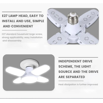 Verthara Foldable 28W LED Light Bulb with E27 Base – Adjustable Fan Lamp for Home and Garage Lighting, 6500K Bright White