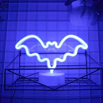 Verthara Halloween LED Neon Sign – Spooky USB or Battery Powered Decorative Night Light for Parties and Events Table Bat Blue
