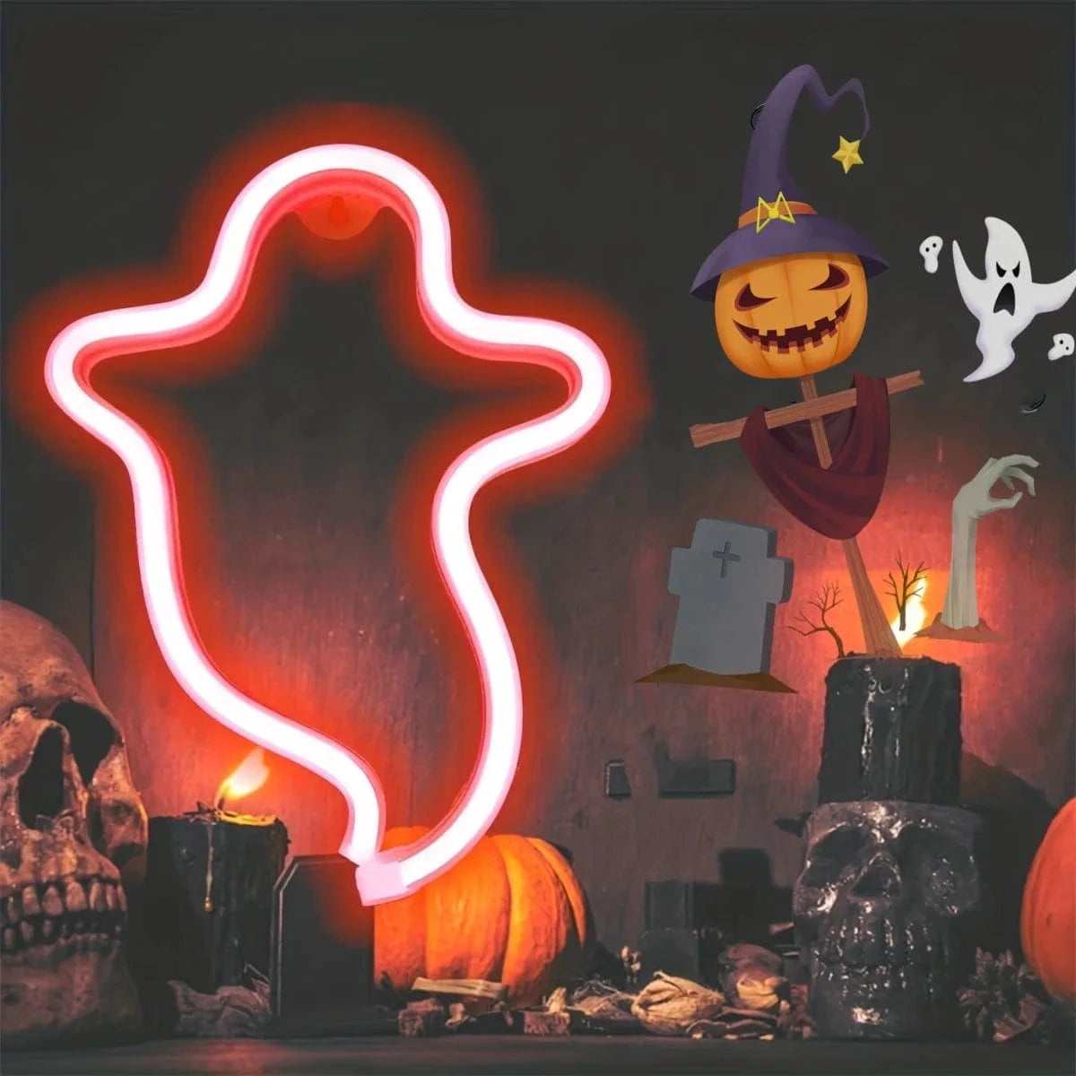 Verthara Halloween LED Neon Sign – Spooky USB or Battery Powered Decorative Night Light for Parties and Events Ghost Red
