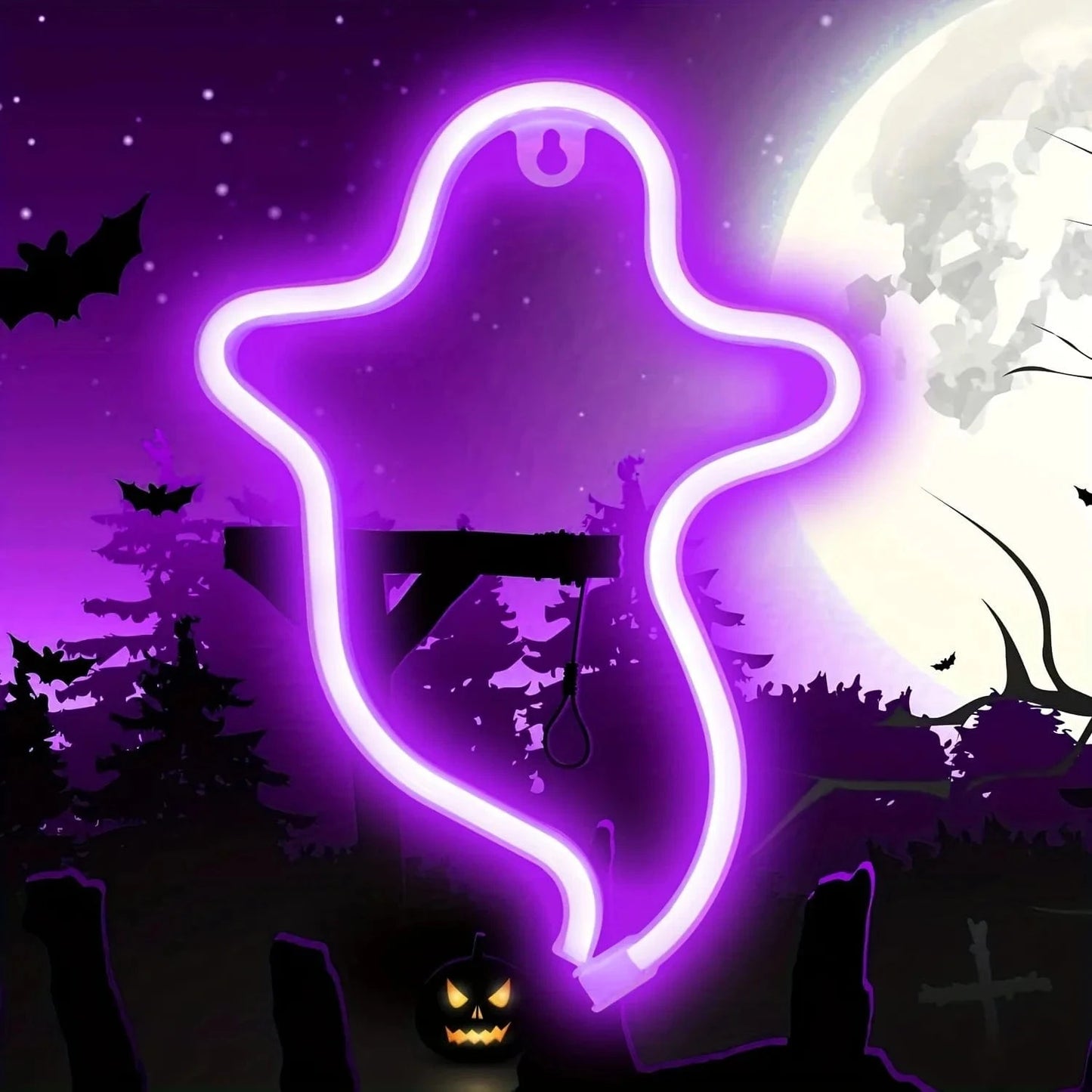 Verthara Halloween LED Neon Sign – Spooky USB or Battery Powered Decorative Night Light for Parties and Events Ghost Purple