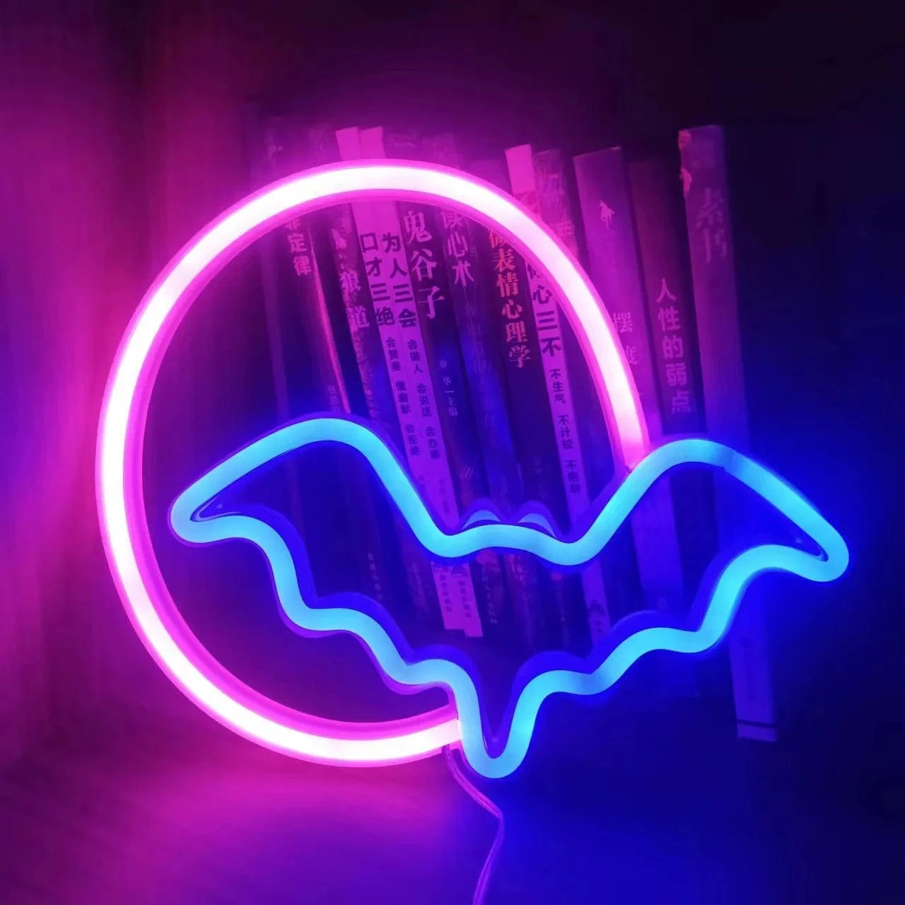 Verthara Halloween LED Neon Sign – Spooky USB or Battery Powered Decorative Night Light for Parties and Events Moon Bat Bluepink