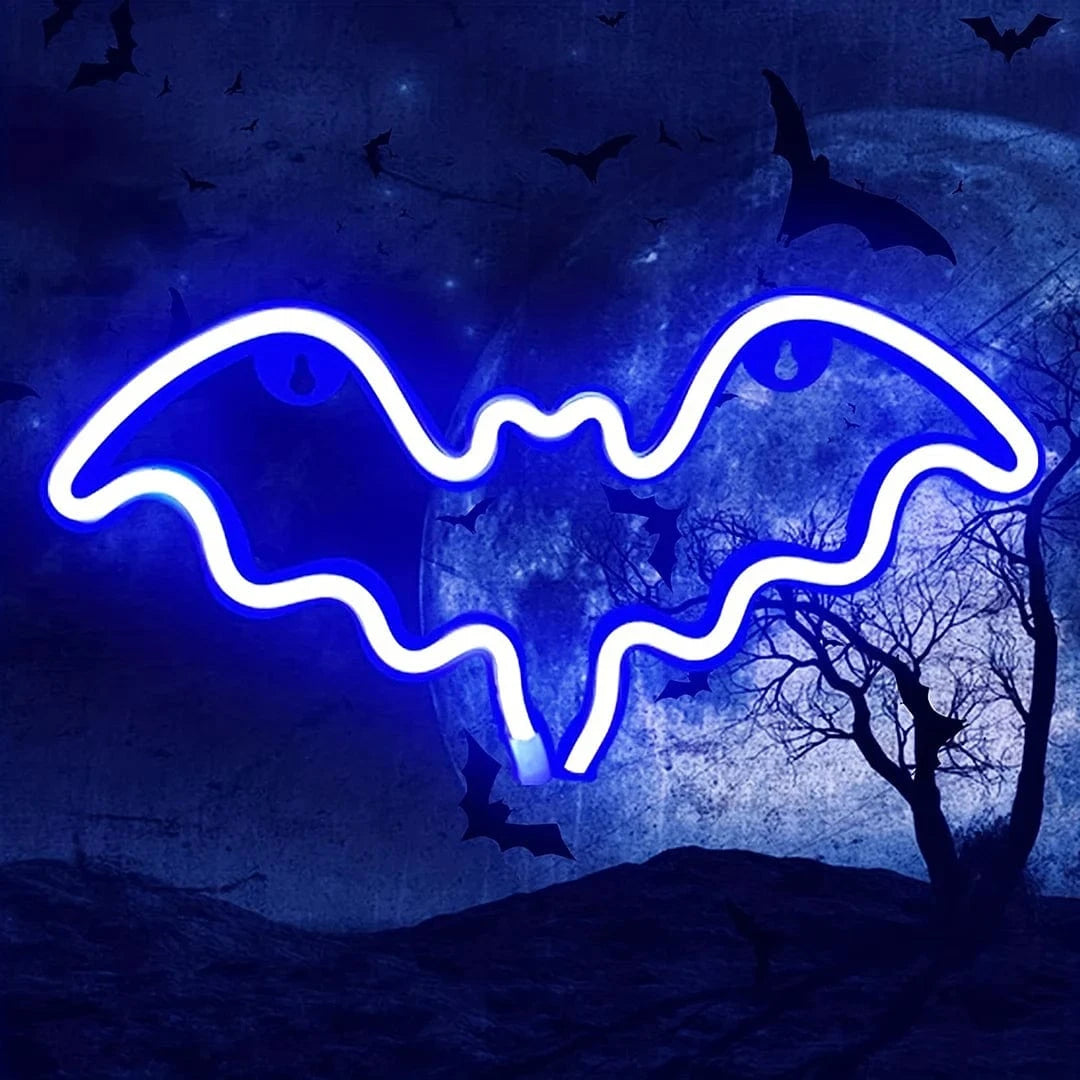 Verthara Halloween LED Neon Sign – Spooky USB or Battery Powered Decorative Night Light for Parties and Events Bat Blue