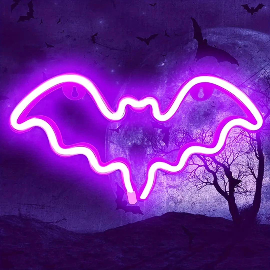 Verthara Halloween LED Neon Sign – Spooky USB or Battery Powered Decorative Night Light for Parties and Events Bat Purple