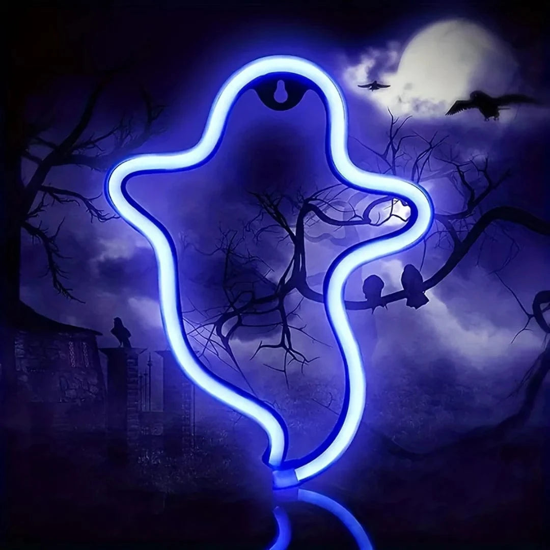 Verthara Halloween LED Neon Sign – Spooky USB or Battery Powered Decorative Night Light for Parties and Events Ghost Blue