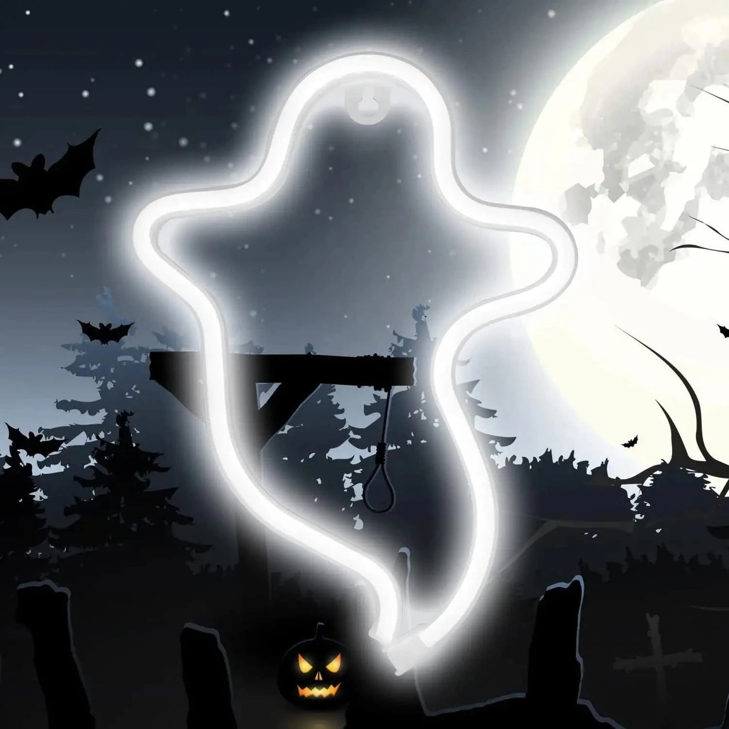 Verthara Halloween LED Neon Sign – Spooky USB or Battery Powered Decorative Night Light for Parties and Events Ghost White