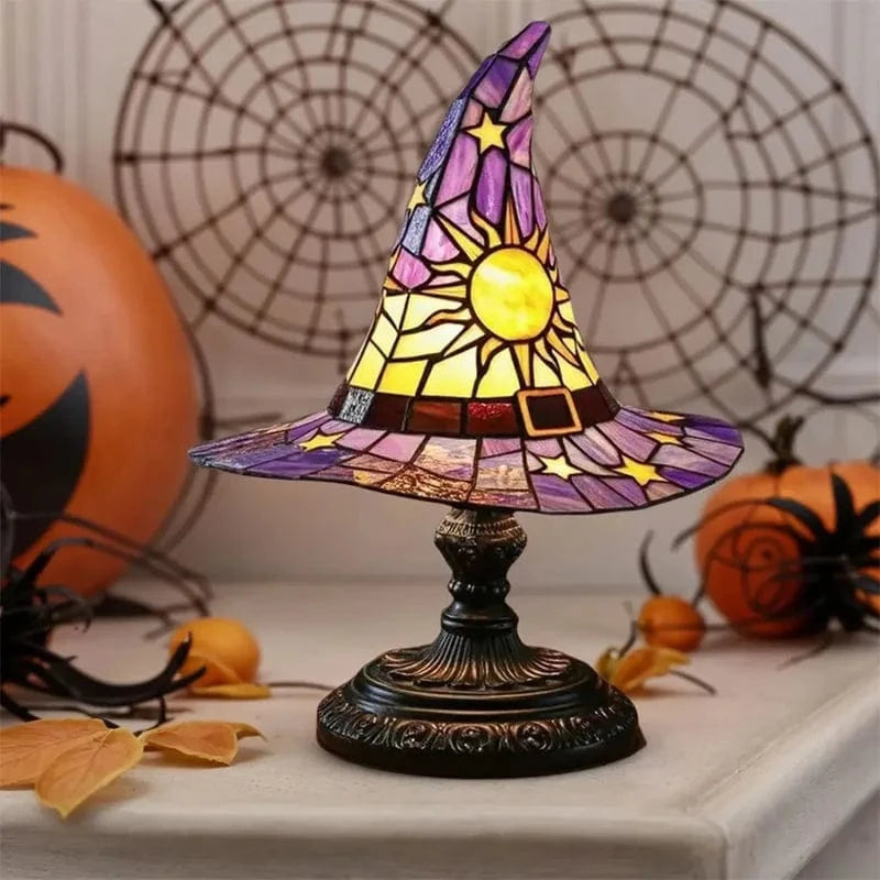 Verthara Halloween Witch Hat Lamp - Stained Glass USB Powered Night Light for Home Decor and Children's Rooms