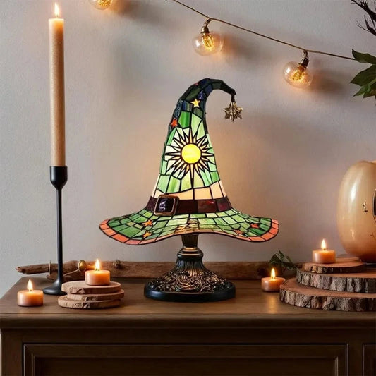 Verthara Halloween Witch Hat Lamp - Stained Glass USB Powered Night Light for Home Decor and Children's Rooms
