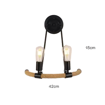 Verthara Industrial Wall Sconce Lamp with Hemp Rope Accent – Retro Wall Light for Bedroom and Hallway Decor black-D / No light bulb