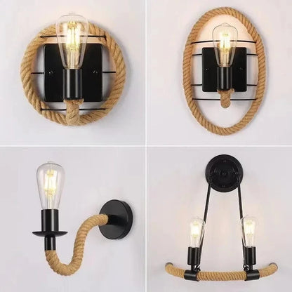 Verthara Industrial Wall Sconce Lamp with Hemp Rope Accent – Retro Wall Light for Bedroom and Hallway Decor