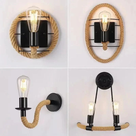 Verthara Industrial Wall Sconce Lamp with Hemp Rope Accent – Retro Wall Light for Bedroom and Hallway Decor