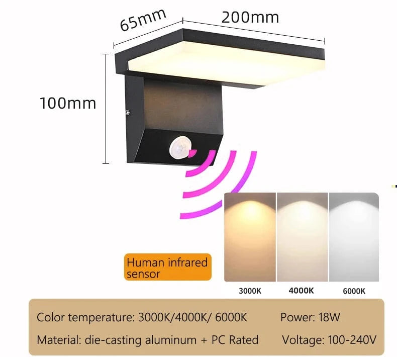 Verthara IP65 Waterproof Motion Sensor Outdoor Wall Light with Adjustable Angle – Modern Exterior Wall Lantern for Enhanced Safety 3000K / black ON sensor