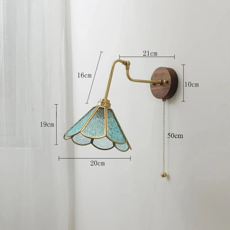 Verthara Japanese Walnut Wood Wall Sconce with LED Light – Elegant Brass and Glass Design for Bedroom and Living Room