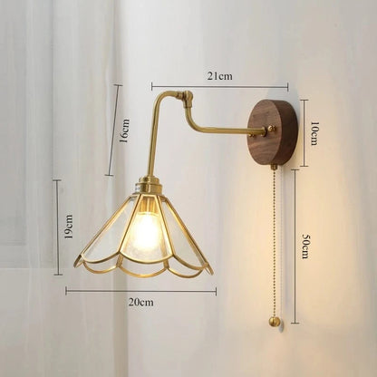 Verthara Japanese Walnut Wood Wall Sconce with LED Light – Elegant Brass and Glass Design for Bedroom and Living Room