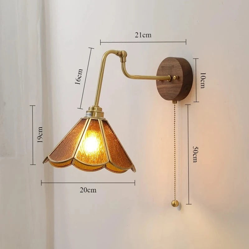 Verthara Japanese Walnut Wood Wall Sconce with LED Light – Elegant Brass and Glass Design for Bedroom and Living Room