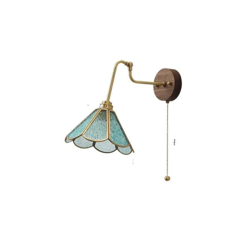 Verthara Japanese Walnut Wood Wall Sconce with LED Light – Elegant Brass and Glass Design for Bedroom and Living Room
