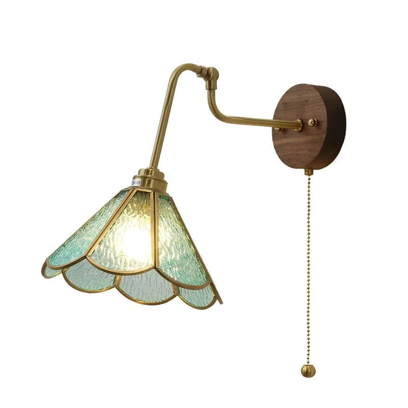 Verthara Japanese Walnut Wood Wall Sconce with LED Light – Elegant Brass and Glass Design for Bedroom and Living Room Blue