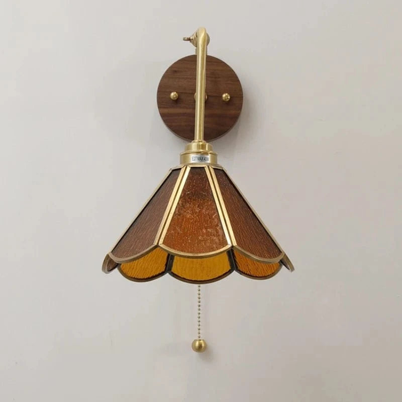 Verthara Japanese Walnut Wood Wall Sconce with LED Light – Elegant Brass and Glass Design for Bedroom and Living Room