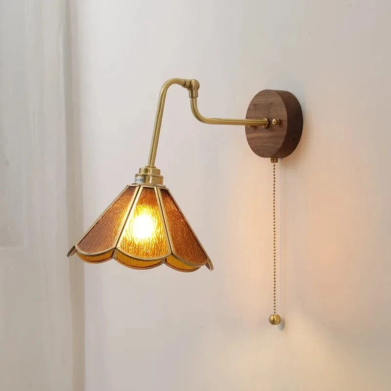 Verthara Japanese Walnut Wood Wall Sconce with LED Light – Elegant Brass and Glass Design for Bedroom and Living Room Dark Brown