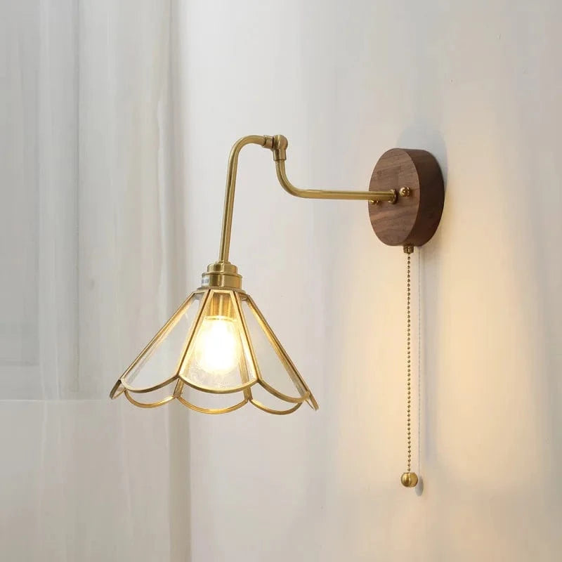Verthara Japanese Walnut Wood Wall Sconce with LED Light – Elegant Brass and Glass Design for Bedroom and Living Room Transparent