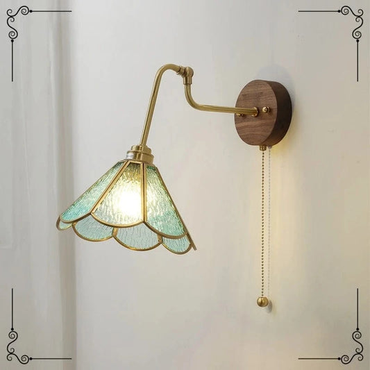 Verthara Japanese Walnut Wood Wall Sconce with LED Light – Elegant Brass and Glass Design for Bedroom and Living Room