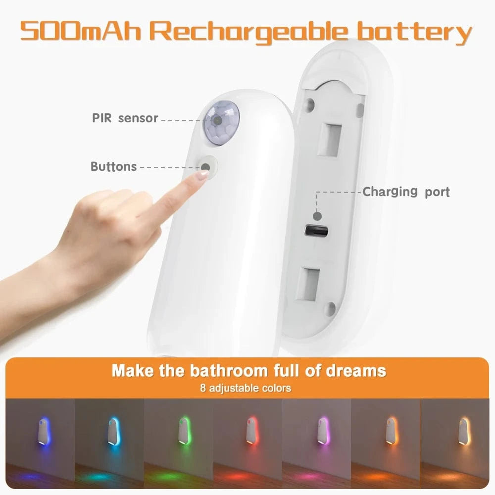 Verthara LED Motion Sensor Toilet Light with 8 Color Options – USB Rechargeable Commode Light for Nighttime Use