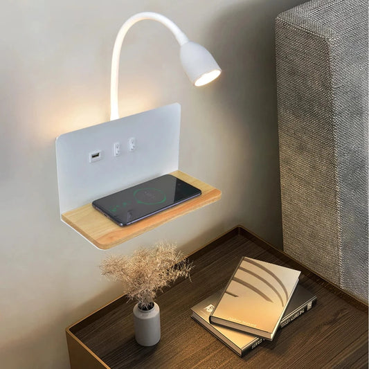 Verthara LED Wall Light With USB Interface – Wireless Charging - Modern - 360° Rotation - Adjustable Bedside Night Light