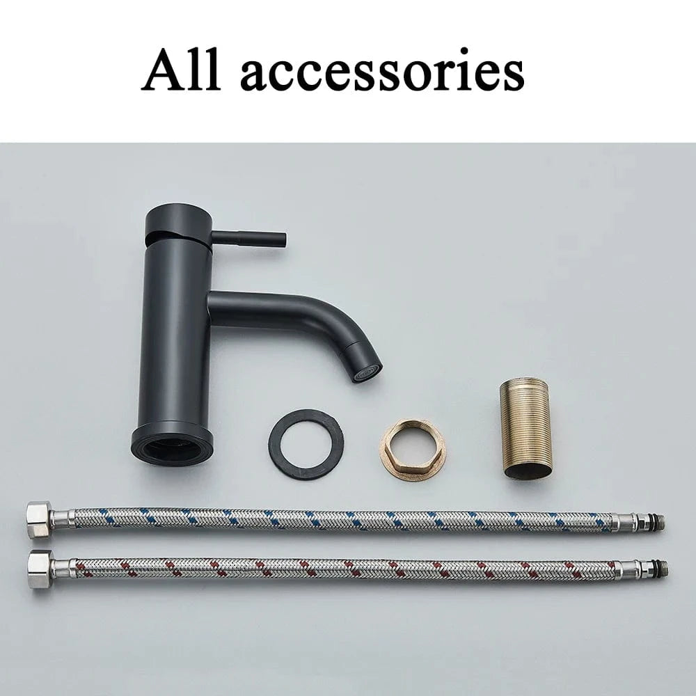 Verthara Matte Black Bathroom Basin Faucet, Deck Mounted Brass Mixer Tap for Vessel Sinks, Hot and Cold Water Control