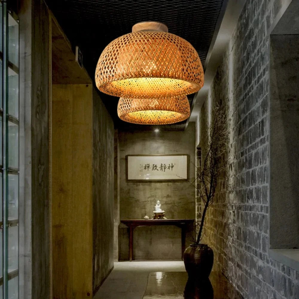 Verthara Modern Bamboo Ceiling Light Fixture – Hand-Woven E27 Pendant Lamp for Home and Tea Room Decor, Natural Aesthetic, 30cm-45cm Diameter