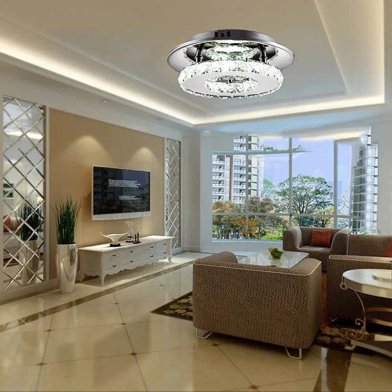 Verthara Modern Crystal LED Flush Mount Ceiling Light Fixture – Elegant Silver Design for Living Room and Hotel Lobby