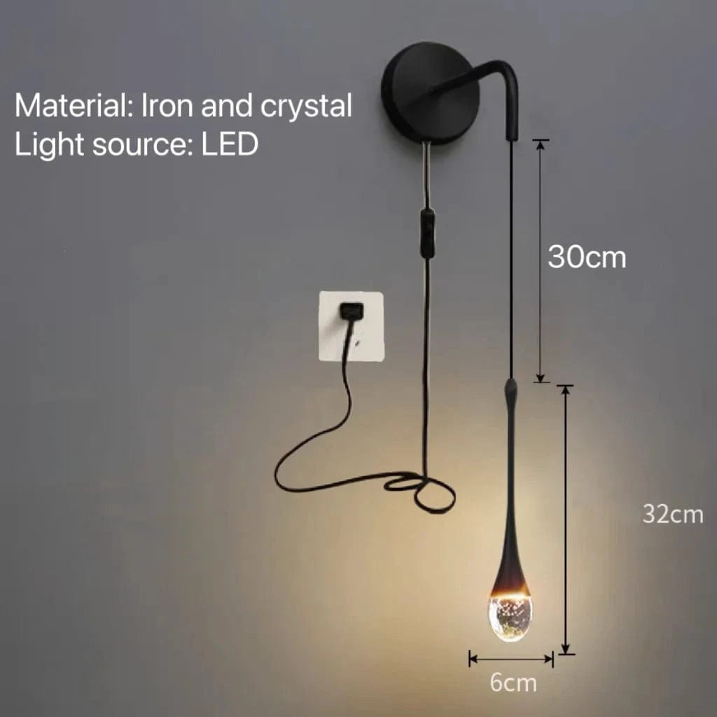 Verthara Modern Crystal Wall Lamp - LED Wall Sconce for Bedroom and Living Room, Plug-in Design with Pull Switch and Warm White Light Warm White (2700-3500K) / B black Plug switch