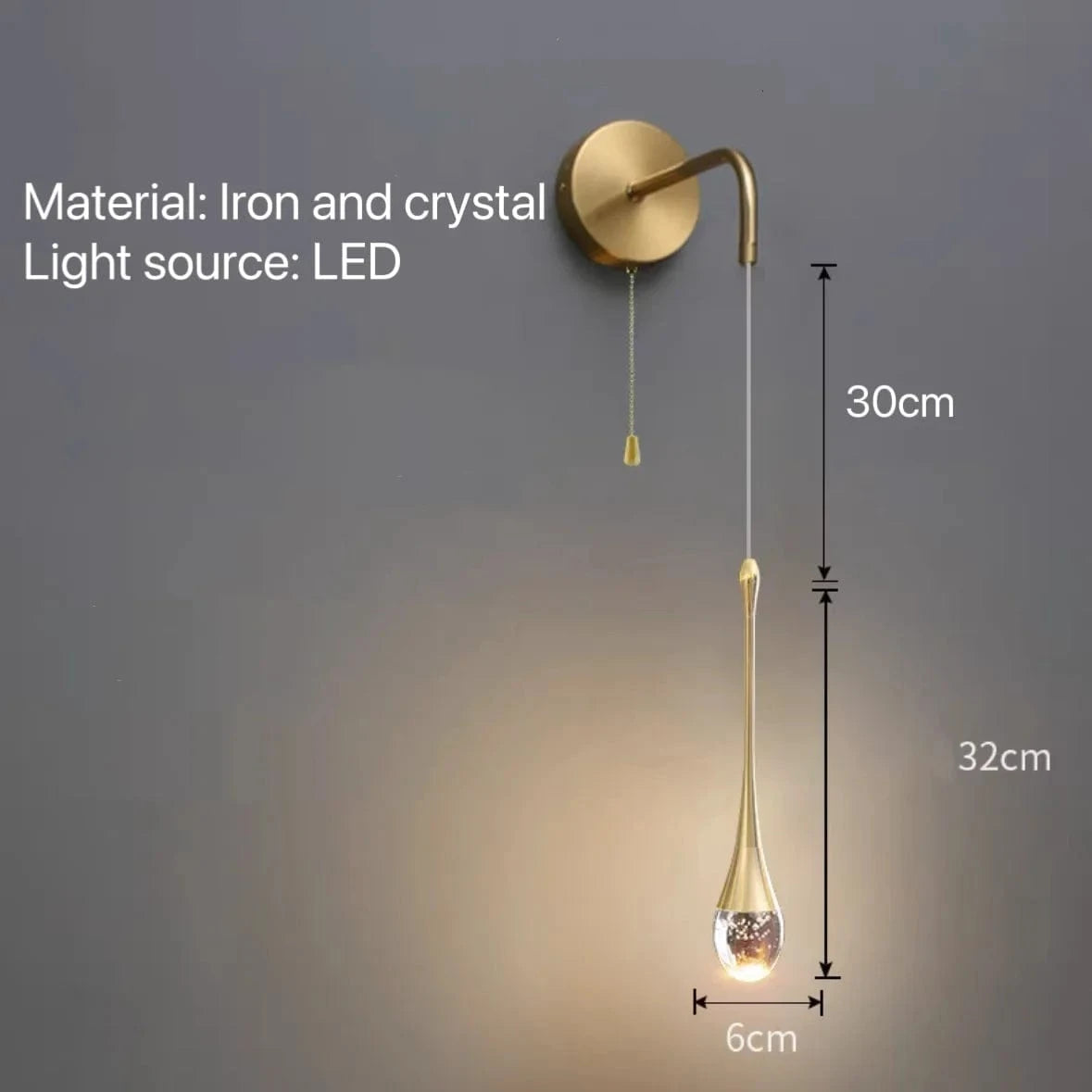 Verthara Modern Crystal Wall Lamp - LED Wall Sconce for Bedroom and Living Room, Plug-in Design with Pull Switch and Warm White Light Cool White(5500-7000K) / B gold Pull Rope