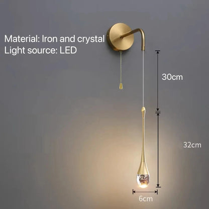 Verthara Modern Crystal Wall Lamp - LED Wall Sconce for Bedroom and Living Room, Plug-in Design with Pull Switch and Warm White Light Cool White(5500-7000K) / B gold Pull Rope