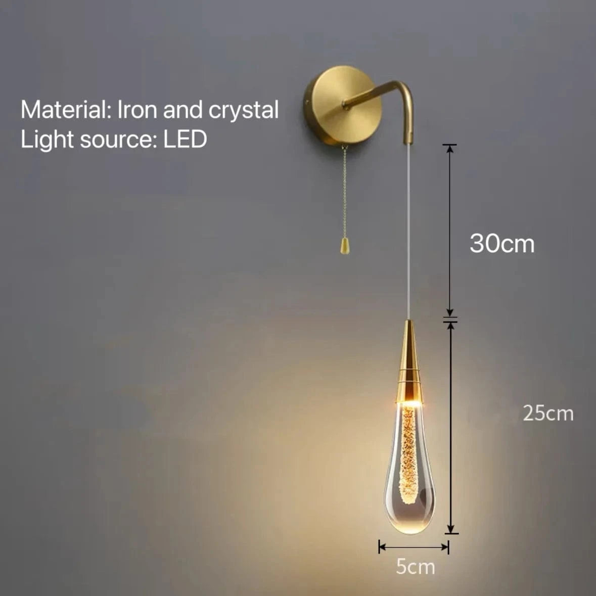 Verthara Modern Crystal Wall Lamp - LED Wall Sconce for Bedroom and Living Room, Plug-in Design with Pull Switch and Warm White Light Nature White(3500-5500K) / A gold Pull Rope