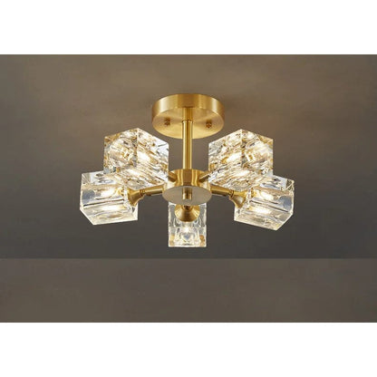 Verthara Modern Gold Crystal Chandelier – G9 Base Semi Flush Mount Ceiling Light for Living Room, Dining Room, Kitchen 5 heads / Cold White